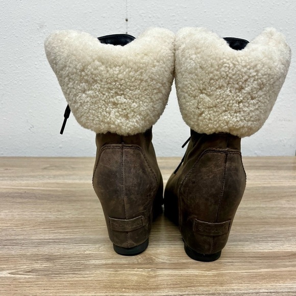 Sorel Conquest Wedge Fur Shearling Ankle Boots Brown Leather Lace Up - 7.5 - Picture 4 of 11